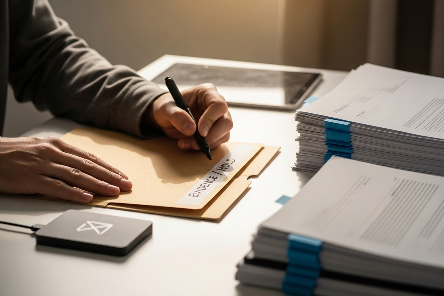 Hands labeling an evidence folder with an external drive and a stack of documents on a desk